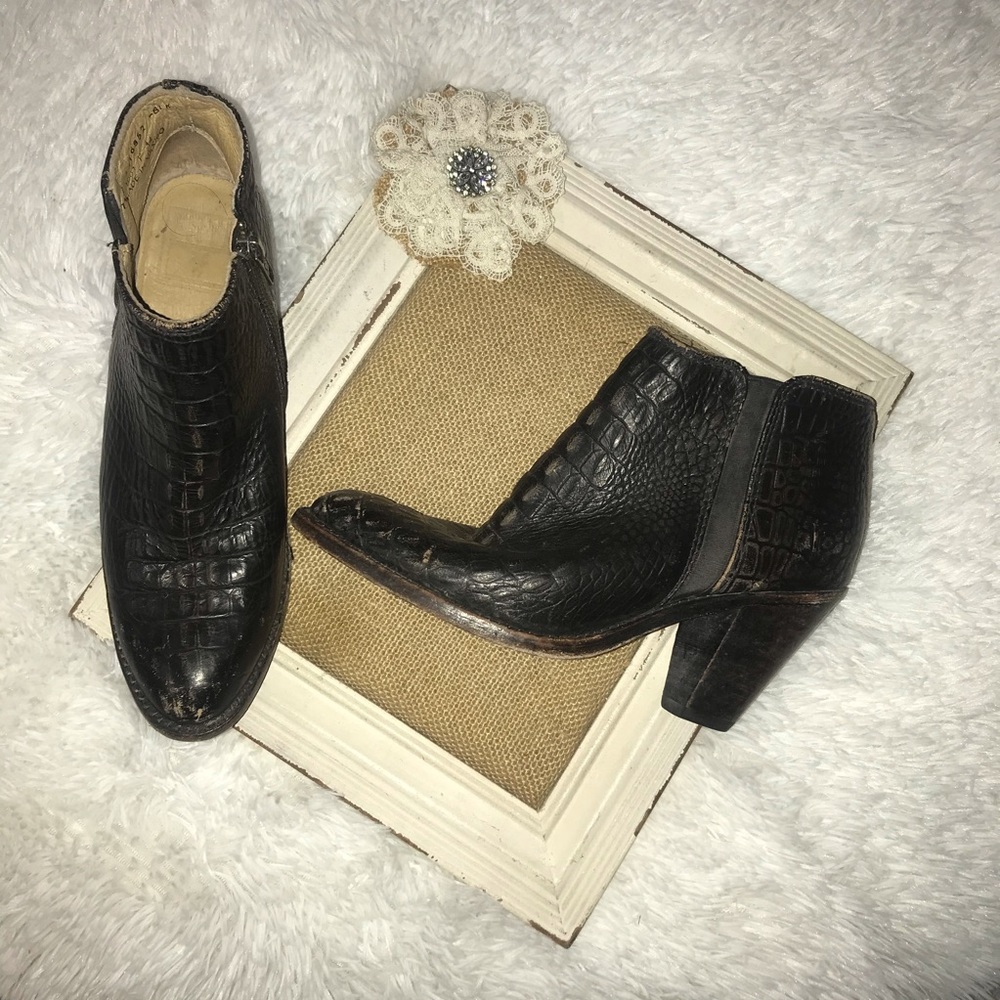 Frye black leather crocodile embossed ankle boots